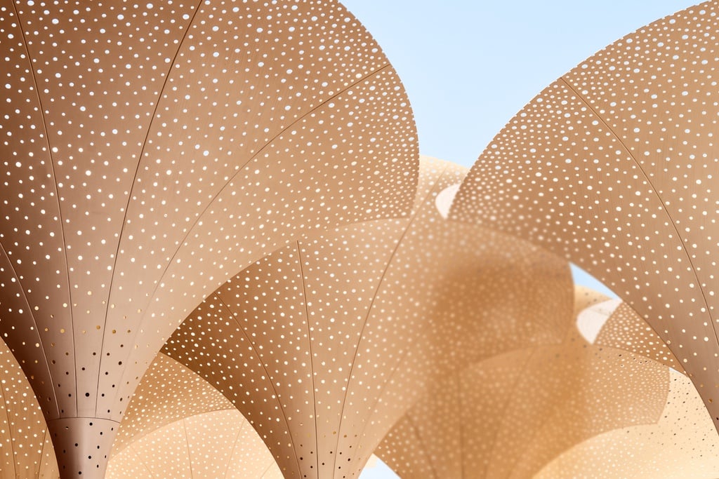 A closeup of the funnel-like caps on the top of the sculptures installed in front of the Blanton Museum of Art in Austin designed by Snohetta.