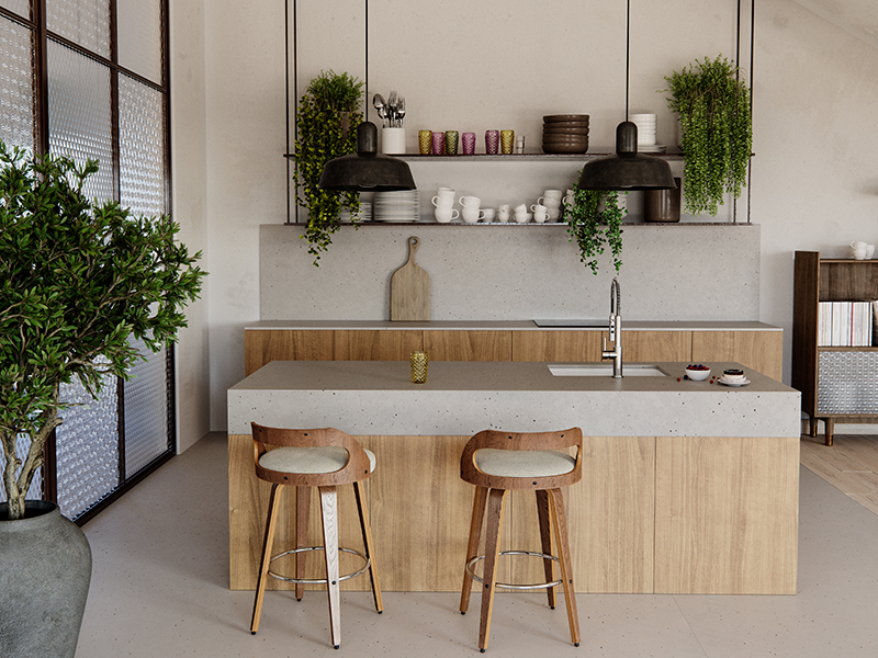 Kitchen with light grey counters and wood island