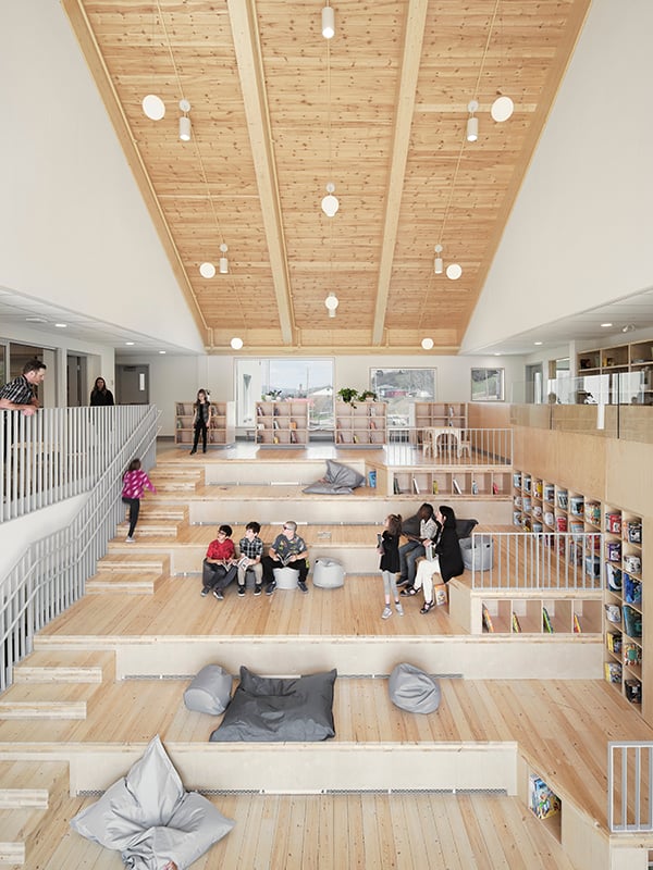 Library at École de l’Étincelle in Saugenay, Quebec