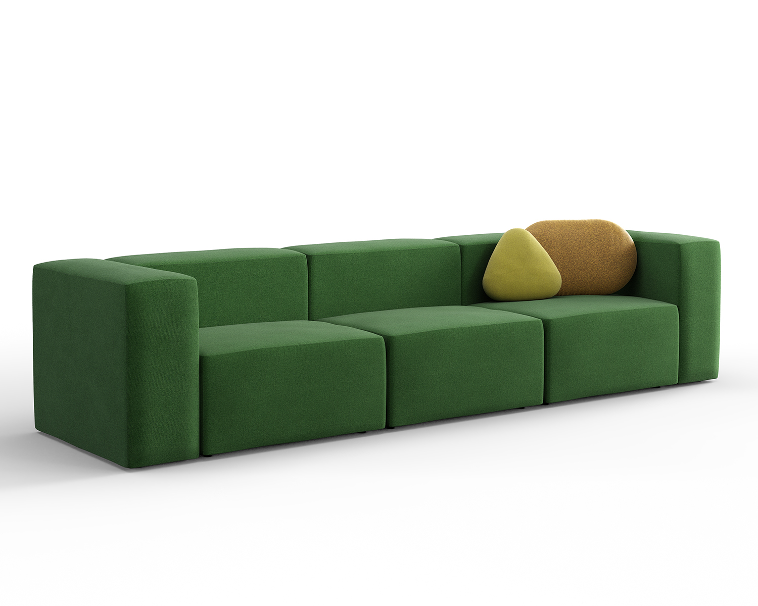 Green sofa with yellow and brown pillows