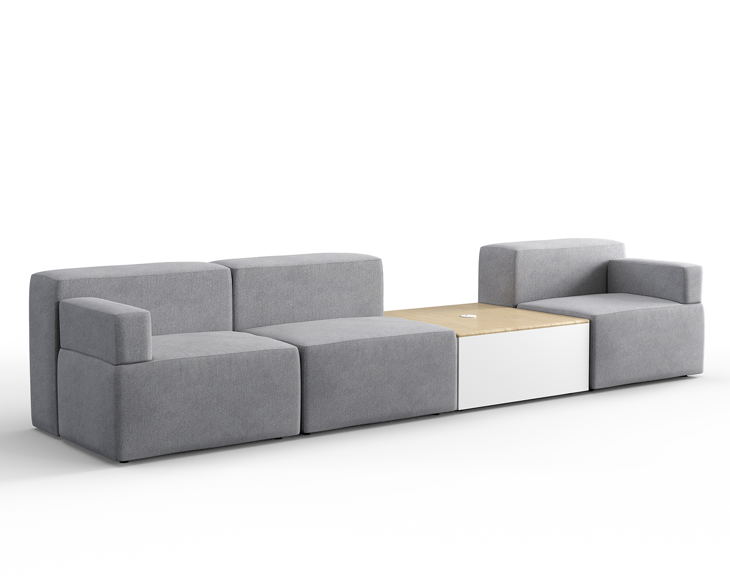 Grey sofa with white and wood table