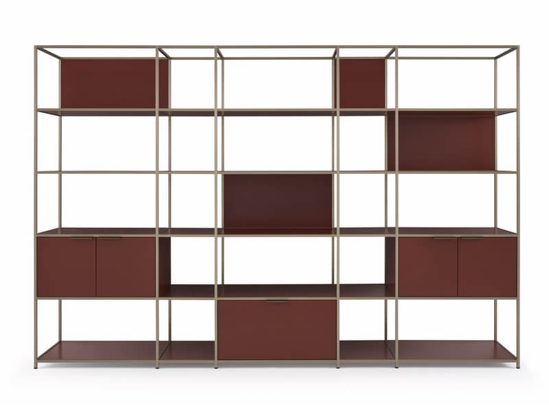 Dita System shelving unit with wooden grid structure and burgundy shelves