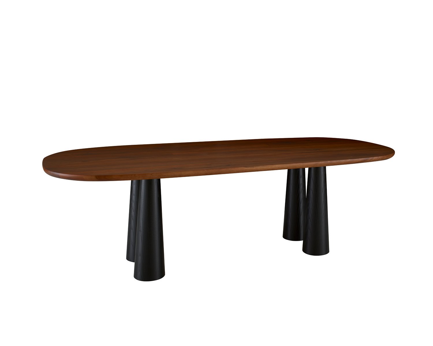 Black oval dining table with walnut top and conical wooden legs