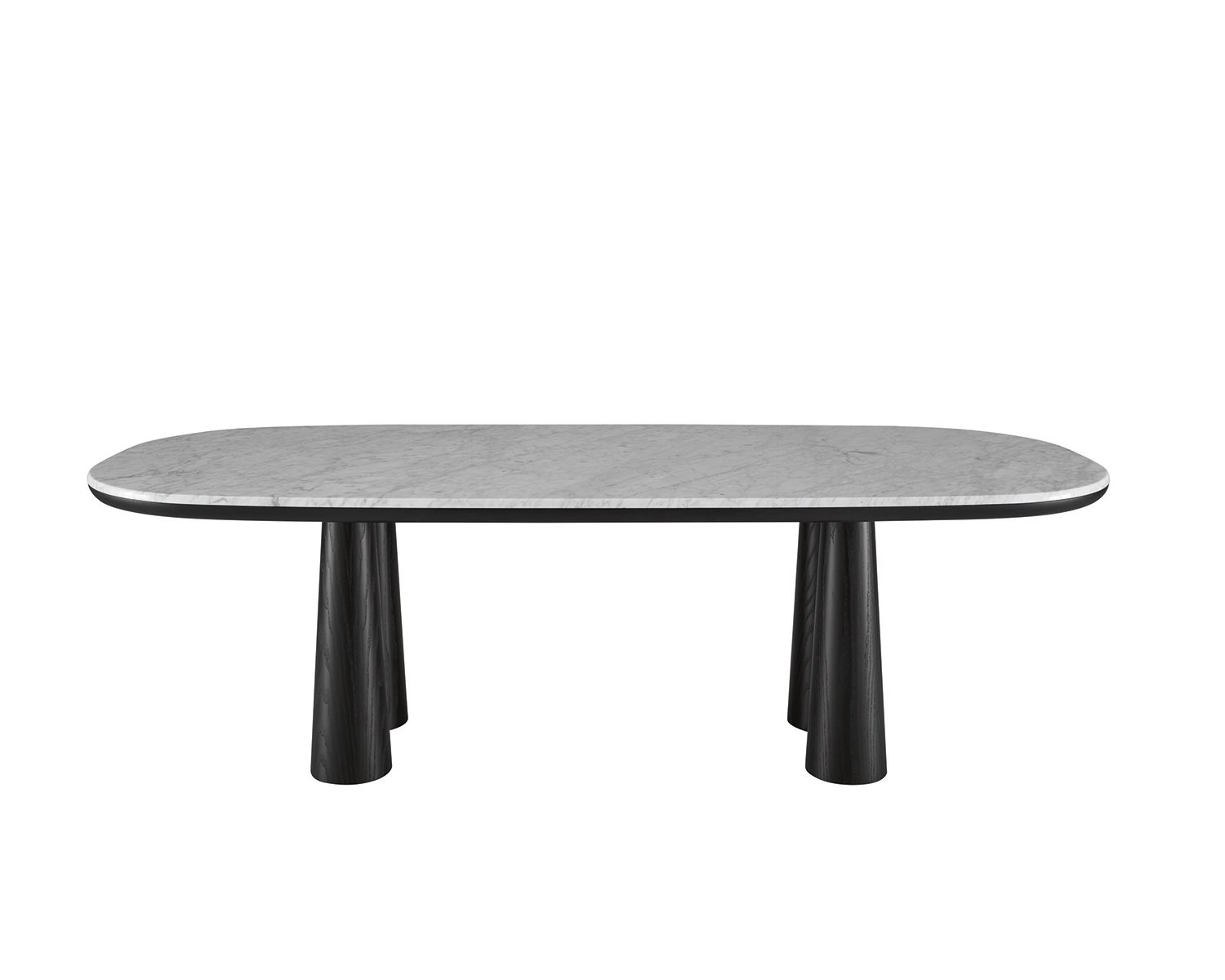 Black oval dining table with marble top and conical legs