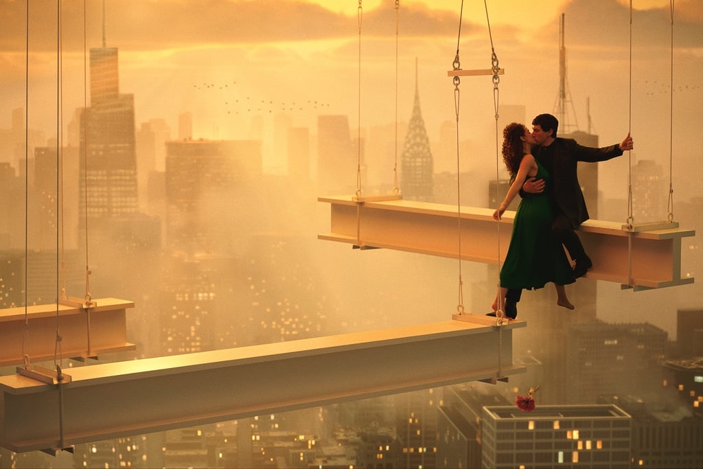 A still from the Francis Ford Coppola movie Megalopolis shows a man dressed in all black hanging on a steel beam, holding a woman who he is kissing, in front of an orange-tinted skyline with the architecture of a modern city.