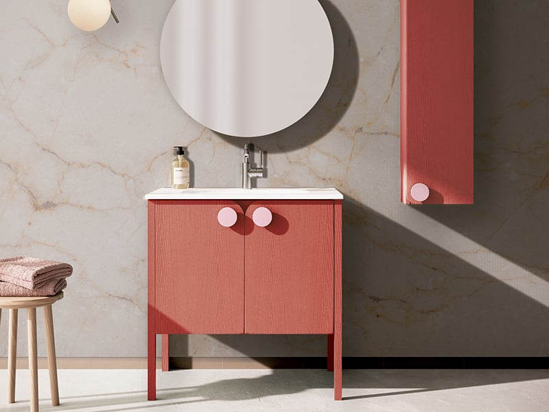 Red vanity with pink circular handles