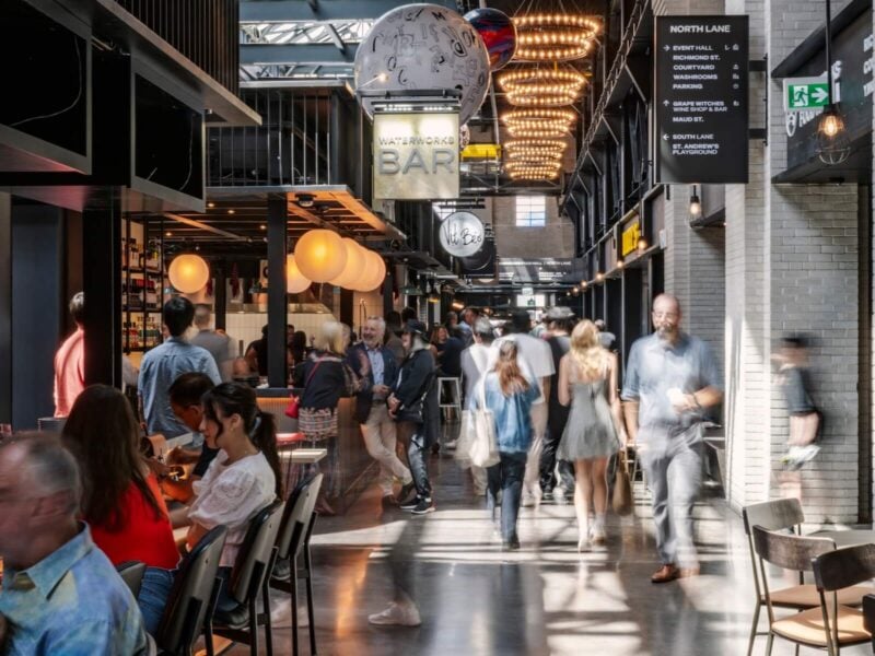 People eat inside Toronto's Waterworks Food Hall