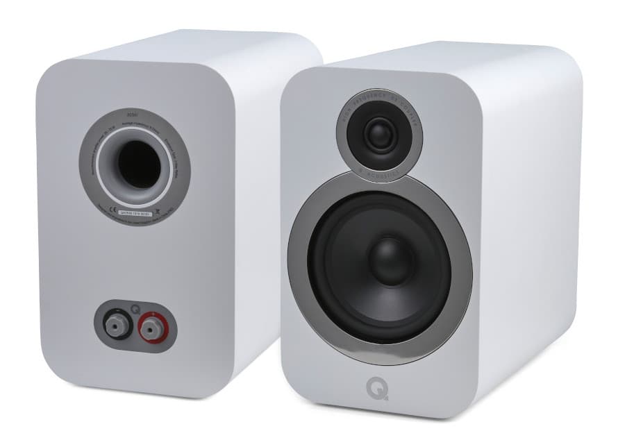 Q Acoustics 3030i Bookshelf Speakers in White Front and Back